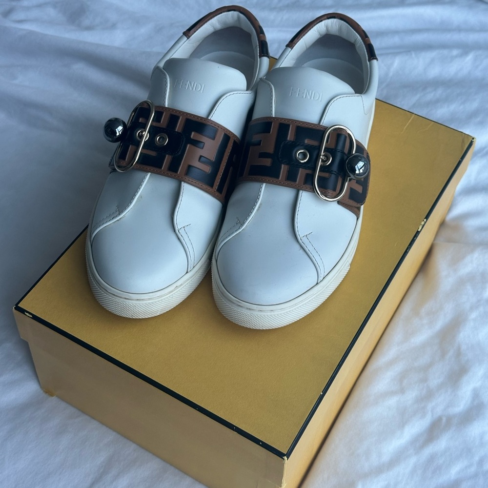Fendi White and Brown Logo Strap Sneakers leather